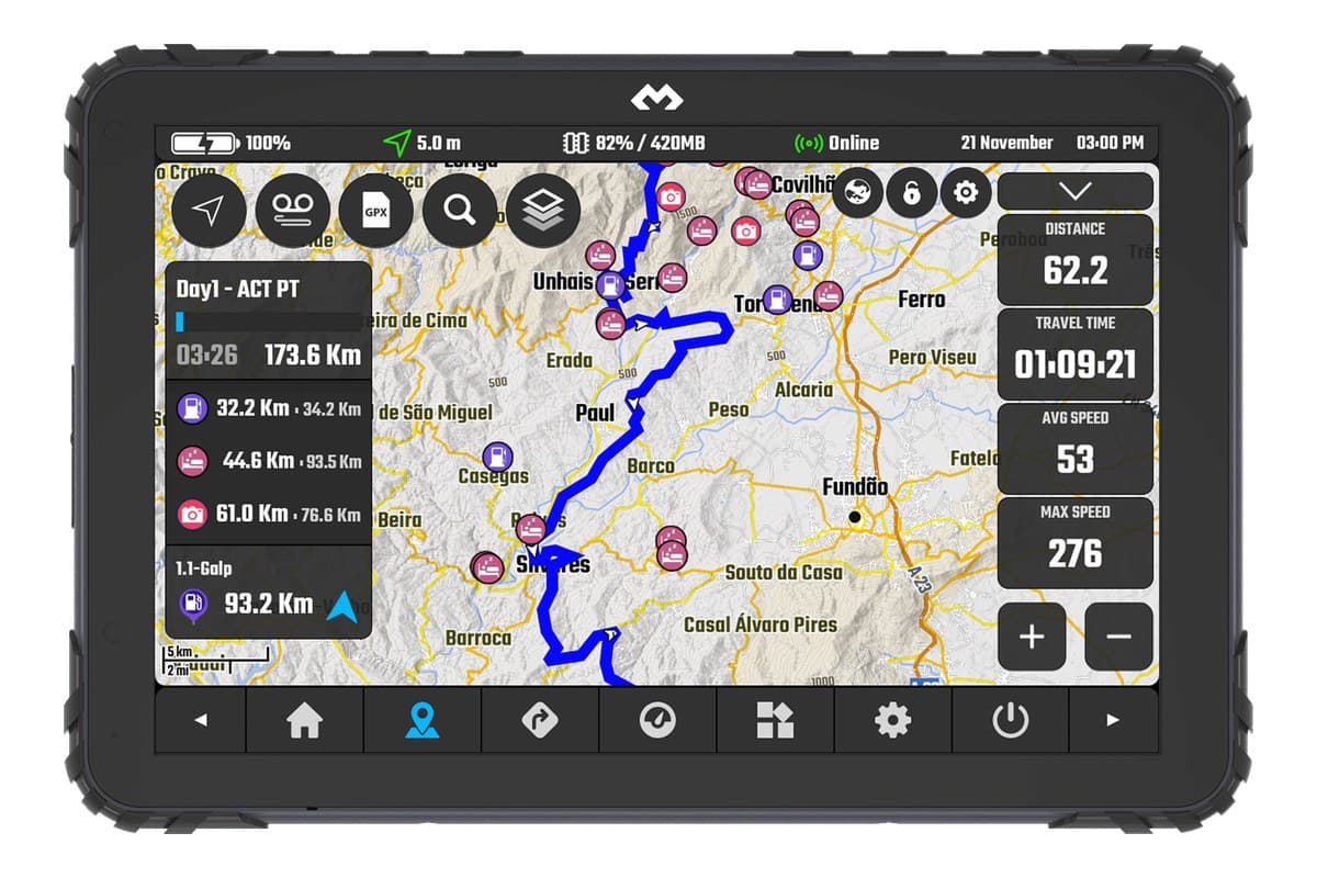 DMD T880X 8-inch navigation tablet from the front, showing the DMD2 map with a route and trip panels