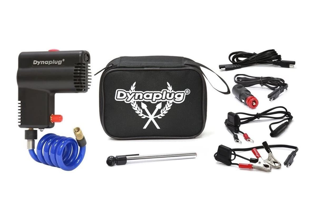 Dynaplug Micro Pro Inflator kit: pump with blue coiled hose, zippered case, pencil gauge and four power leads