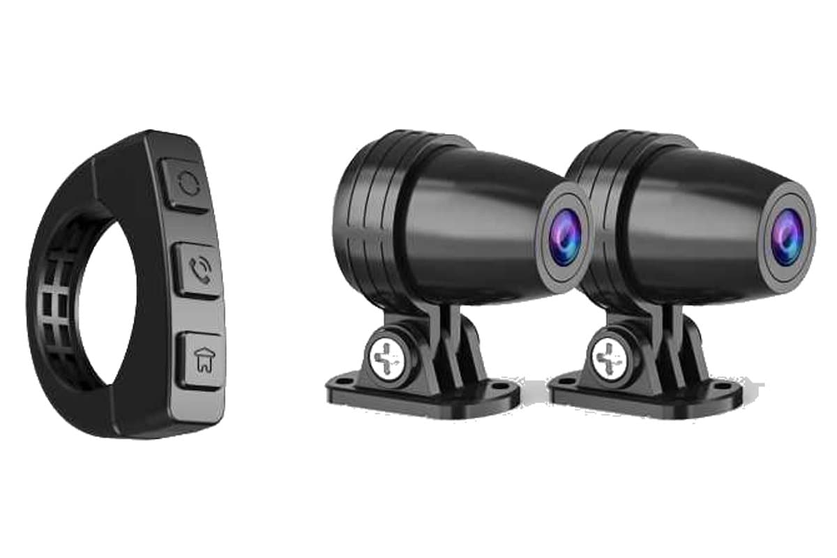 The W702 Plus's included handlebar button controller and front and rear bullet cameras