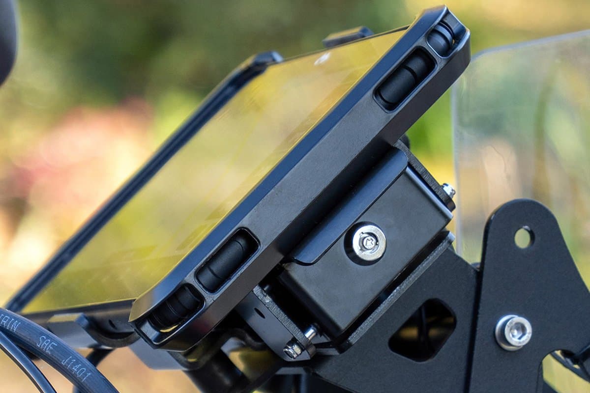The tablet clamped in DMD's off-road holder, side view