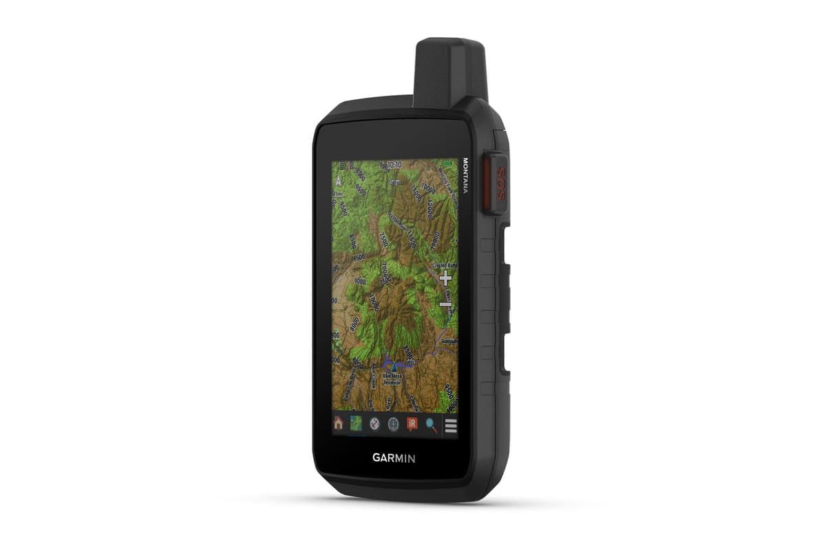 Garmin Montana 710i from a three-quarter angle showing a topographic map