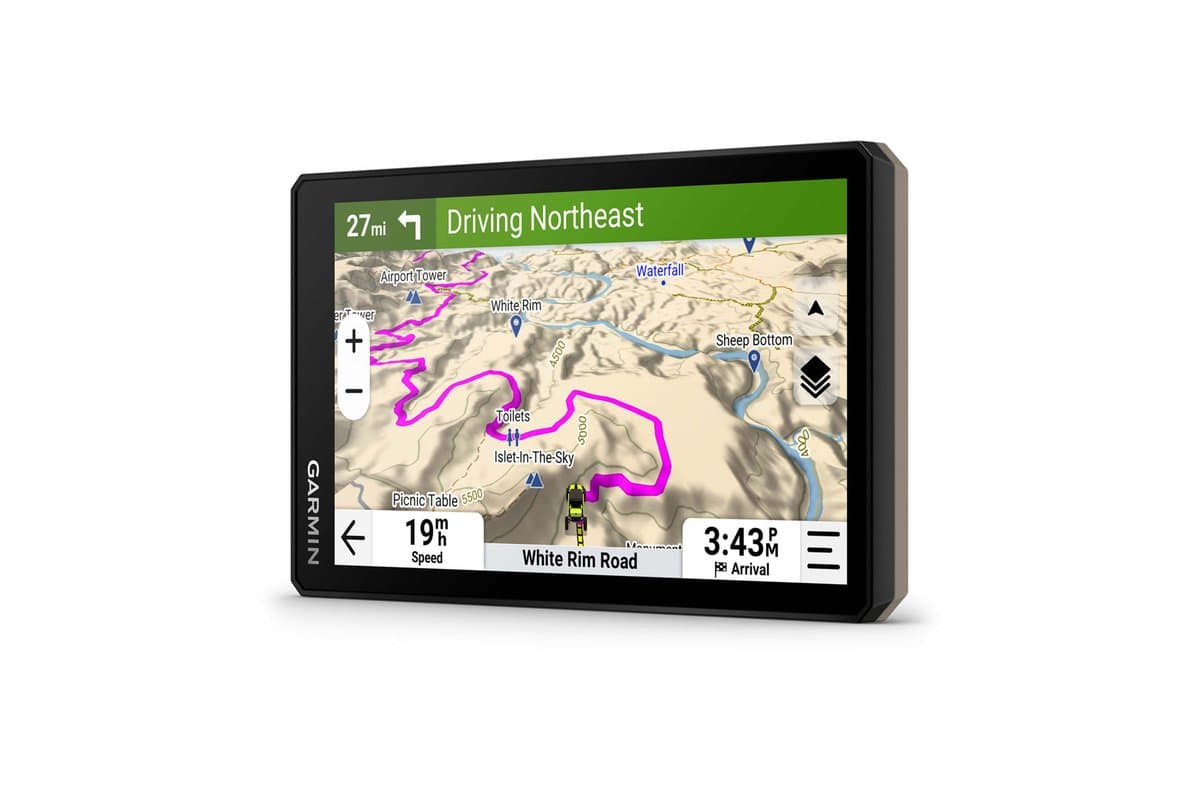 Garmin Tread 2 from a three-quarter angle showing a topographic route