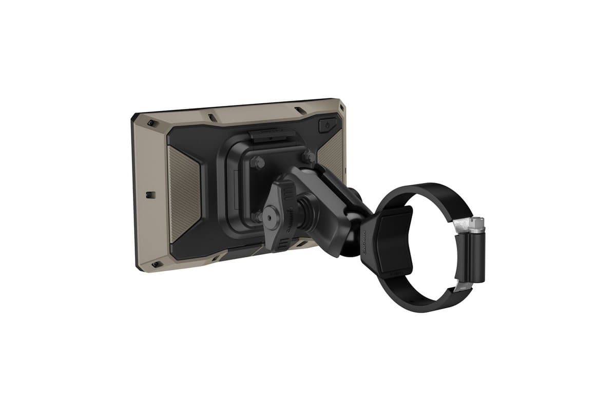 Garmin Tread 2 on its tube mount with the clamp open
