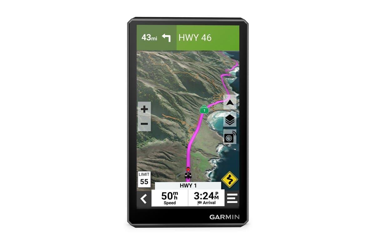 Garmin zumo XT2 in portrait orientation showing a coastal route