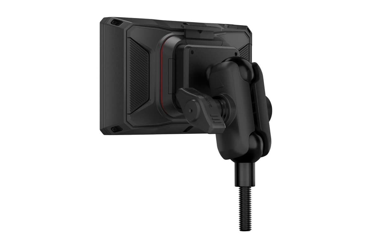 Garmin zumo XT3 4.7-inch on its post mount, rear three-quarter view