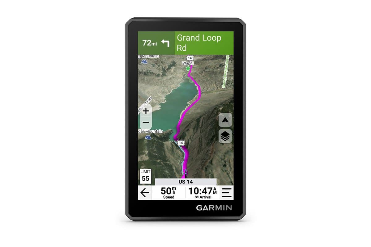 Garmin zumo XT3 4.7-inch in portrait orientation showing a satellite map route