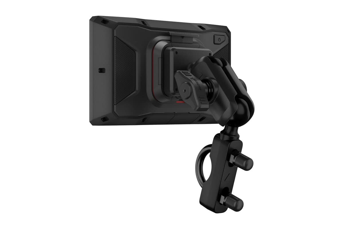 Garmin zumo XT3 6-inch on its motorcycle handlebar mount, rear three-quarter view
