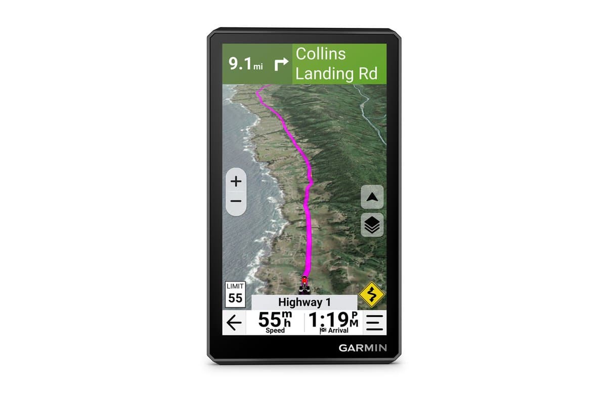 Garmin zumo XT3 6-inch in portrait orientation showing a satellite map route