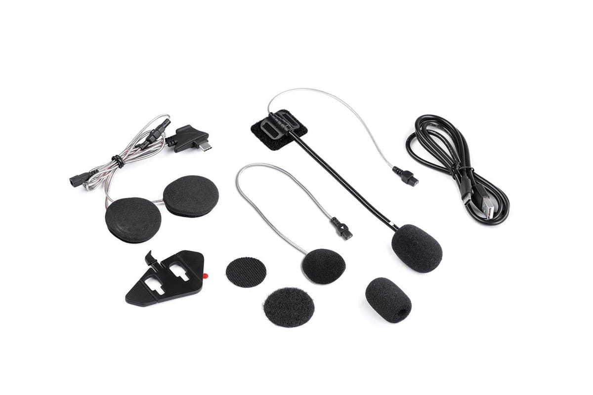 BT Mini audio kit: speakers, wired and boom microphones, USB-C cable and adhesive mount