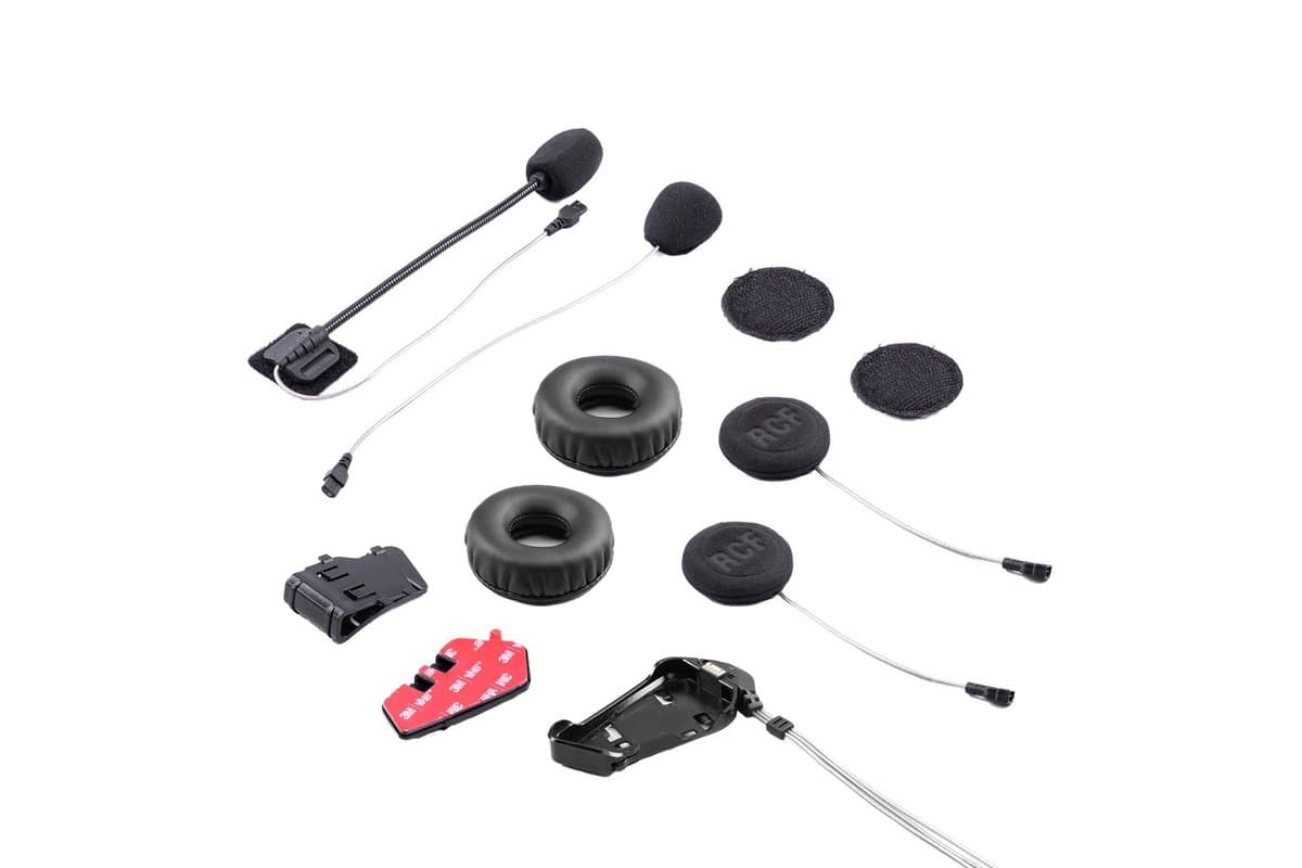 BTR1 Advanced kit contents: speakers, ear cushions, wired and boom microphones and helmet mounts