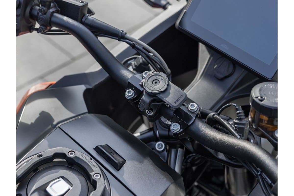 Handlebar Mount PRO fitted to a motorcycle handlebar with the optional Vibration Dampener