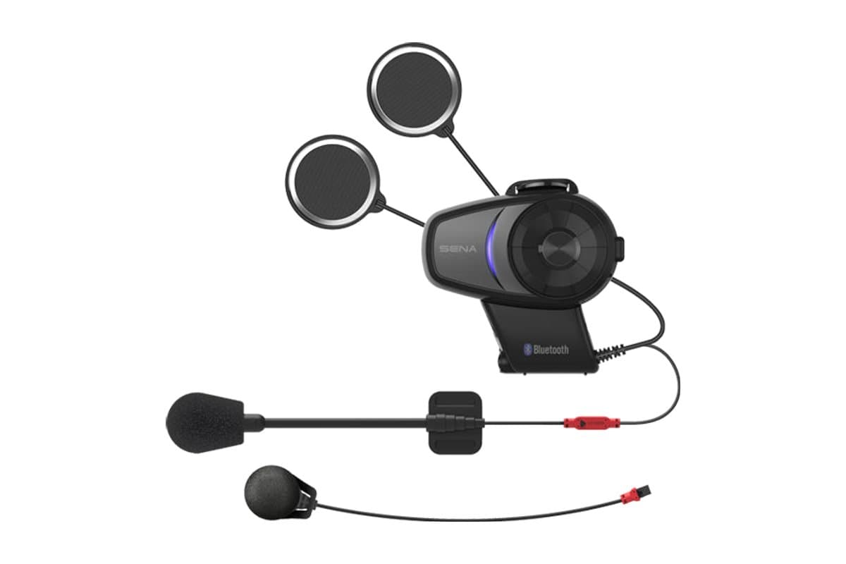 Sena 10S on its clamp with speakers, boom microphone and wired microphone