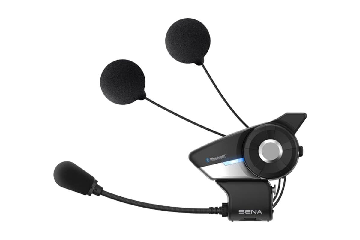 Sena 20S EVO on its clamp with boom microphone and two speakers