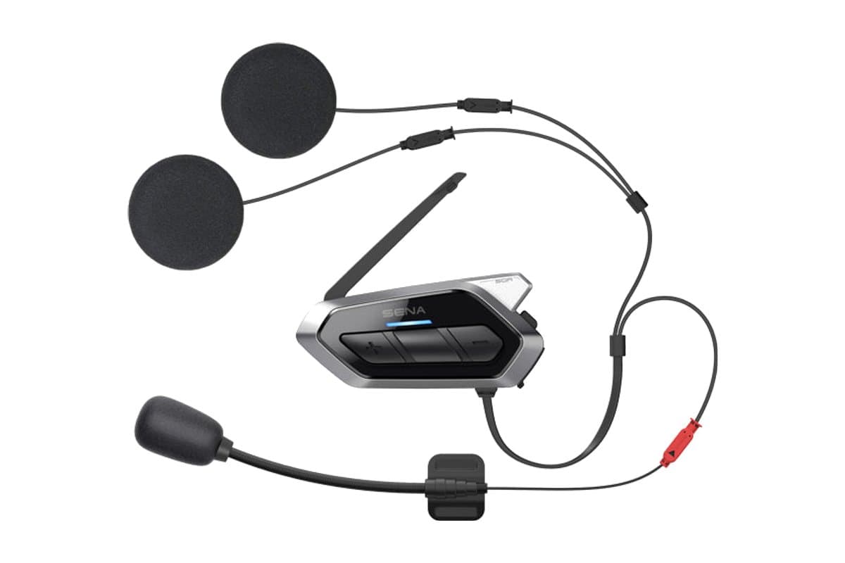 Sena 50R with antenna raised, wired speakers and boom microphone