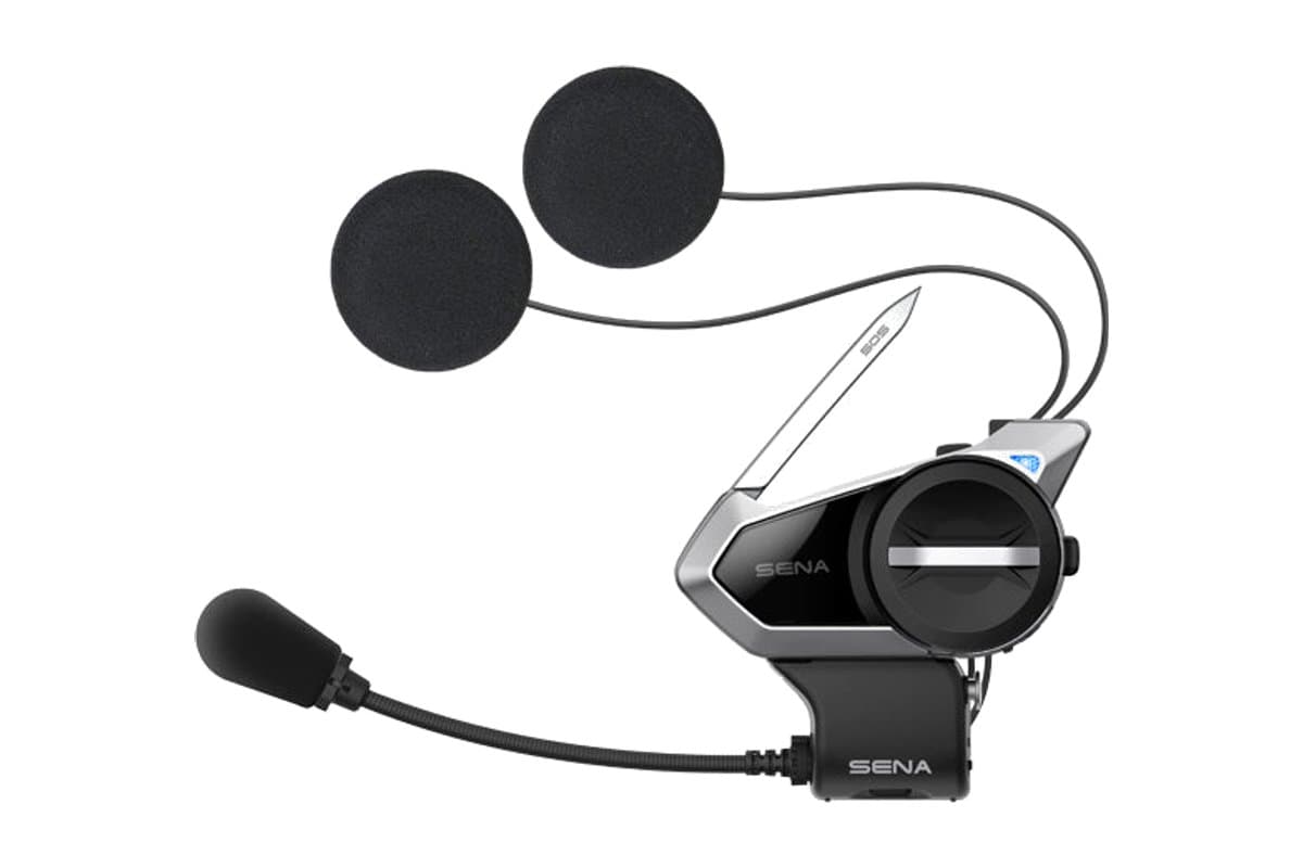 Sena 50S on its helmet clamp with boom microphone and two speakers