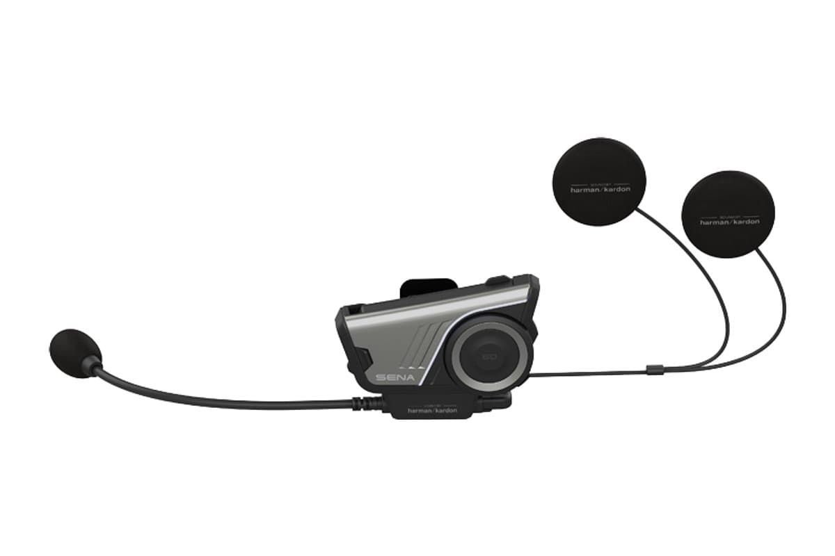 Sena 60S on its helmet clamp with boom microphone and two speakers