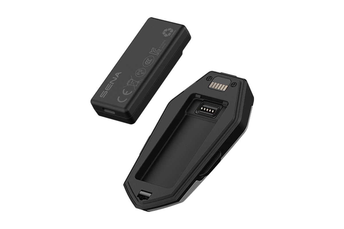 Sena APEX Plus replaceable battery removed from the back of the unit