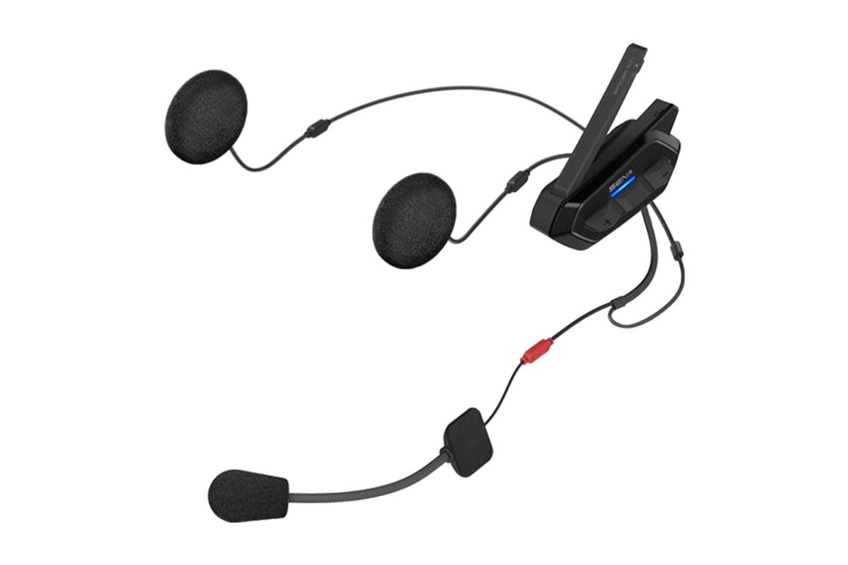 Sena Spider RT1 with antenna raised, wired speakers and boom microphone