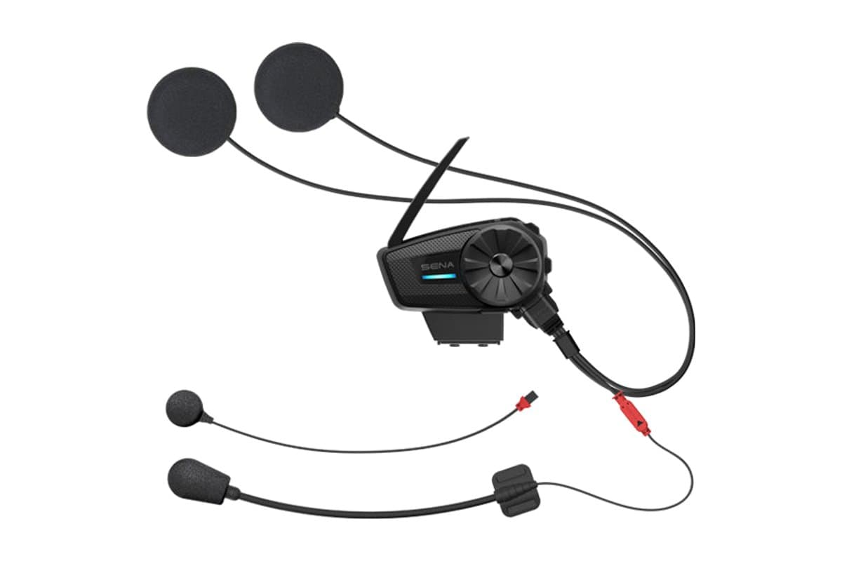 Sena Spider ST1 on its clamp with speakers, boom microphone and wired microphone