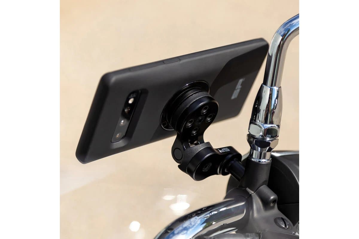 Phone in an SP Connect case held on a Clutch Mount Pro beside a chrome mirror stem