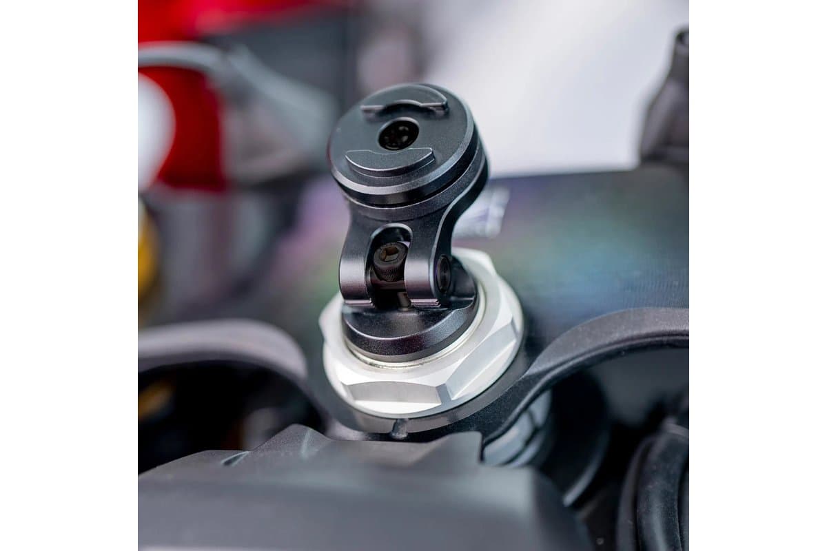 Moto Stem Mount installed in the steering stem nut of a sport bike