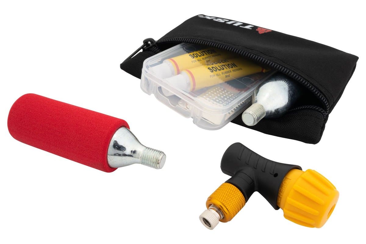 The kit packed into its zippered pouch next to the CO2 chuck and a cartridge