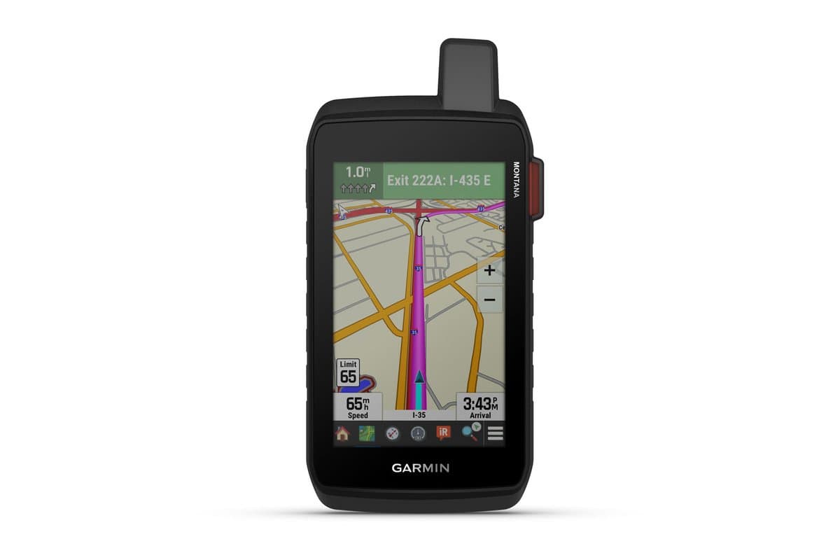 Garmin Montana 710i handheld, front view showing road turn-by-turn guidance