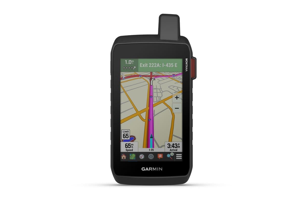 Garmin Montana 760i handheld, front view showing road turn-by-turn guidance