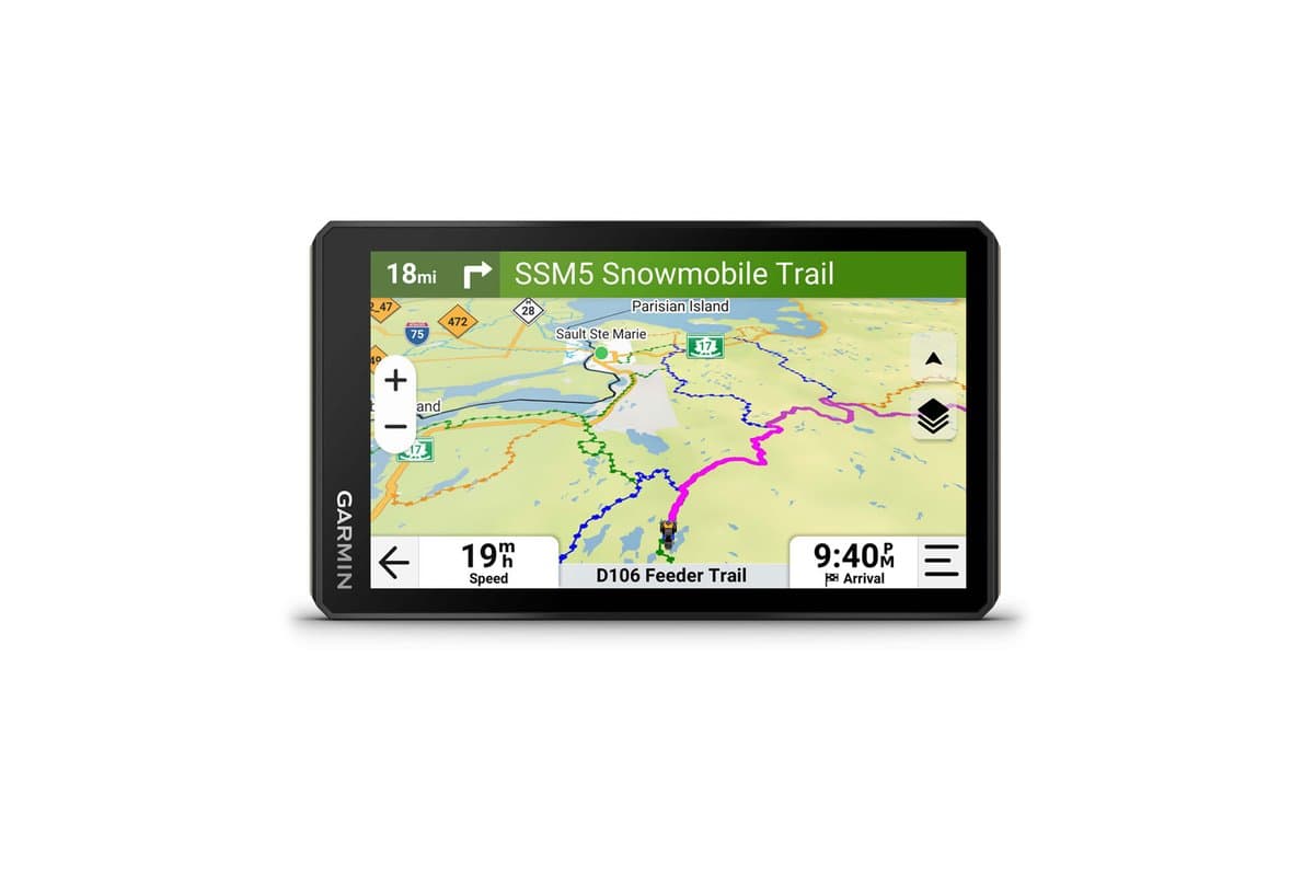 Garmin Tread 2 6-inch powersport navigator, front view showing a trail map