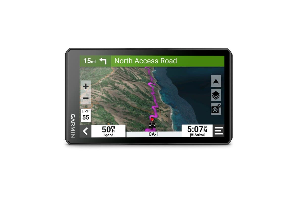 Garmin zumo XT2 navigator, front view showing a satellite map route