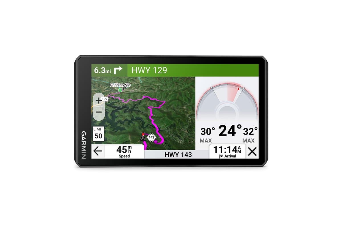 Garmin zumo XT3 6-inch navigator, front view showing a map screen with a lean-angle gauge