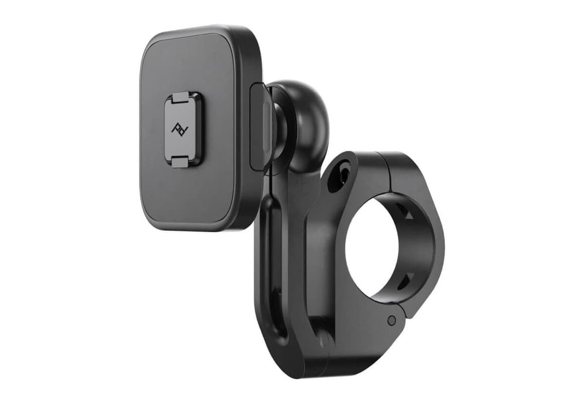 Peak Design Motorcycle Bar Mount V2, square SlimLink head on a ball arm with an aluminium bar clamp