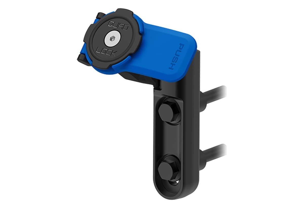 Quad Lock Brake/Clutch Mount, a black two-bolt bracket with the blue-lever twist-lock head