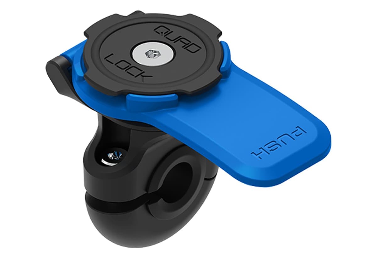 Quad Lock Mirror Mount with blue release lever and black nylon mirror-stem clamp