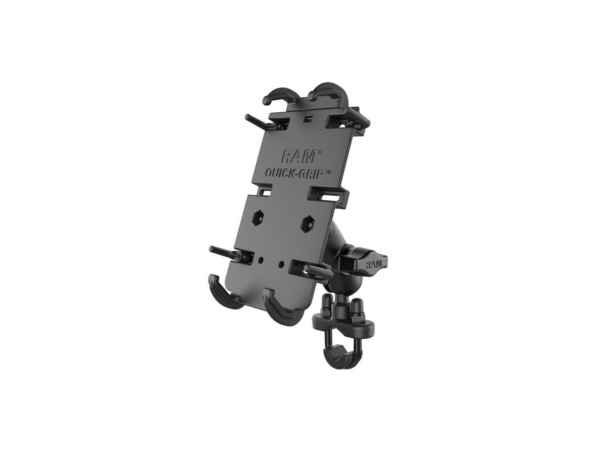 RAM Quick-Grip XL cradle on a short double-socket arm and handlebar U-bolt base