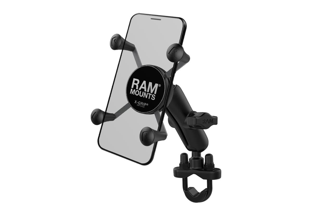 RAM X-Grip cradle holding a phone on a double-socket arm and handlebar U-bolt base