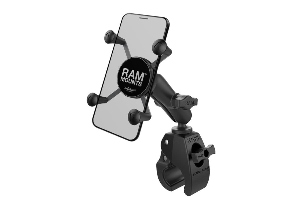 RAM X-Grip holding a phone on a medium arm with a Tough-Claw ratcheting clamp base