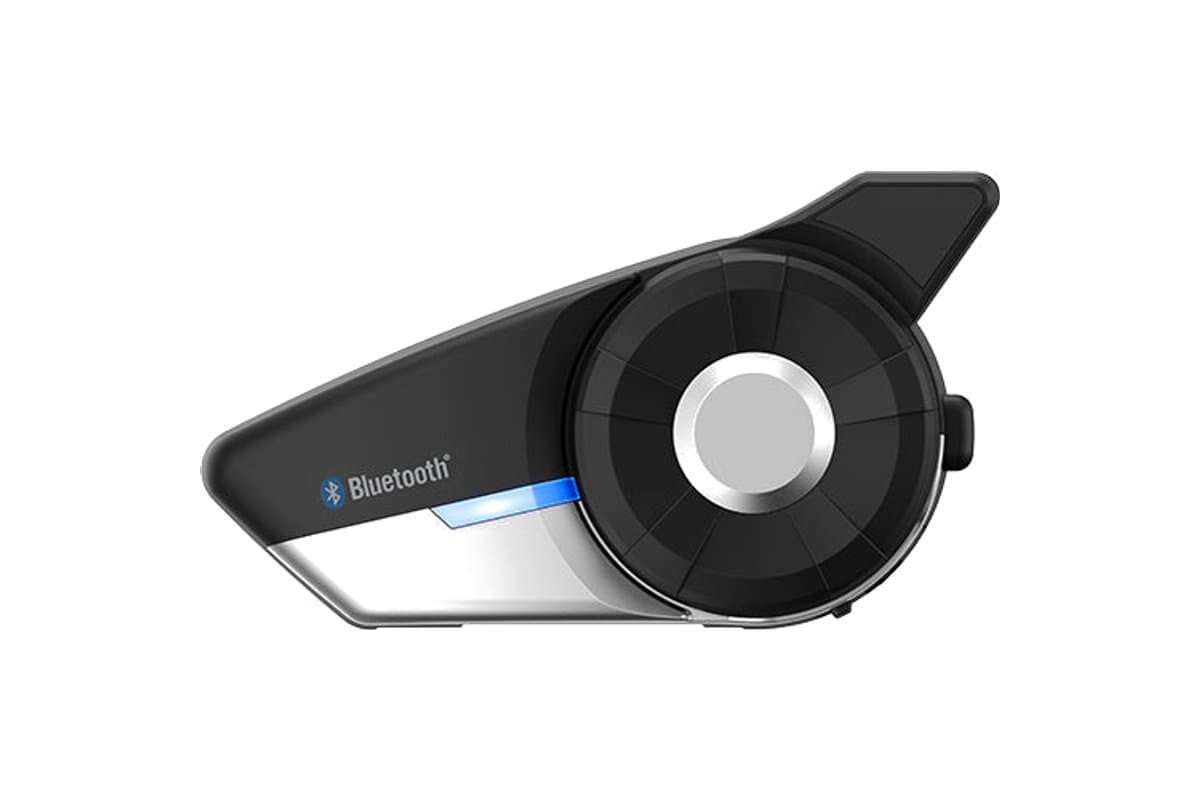 Sena 20S EVO main unit, side view with shark-fin antenna and jog dial
