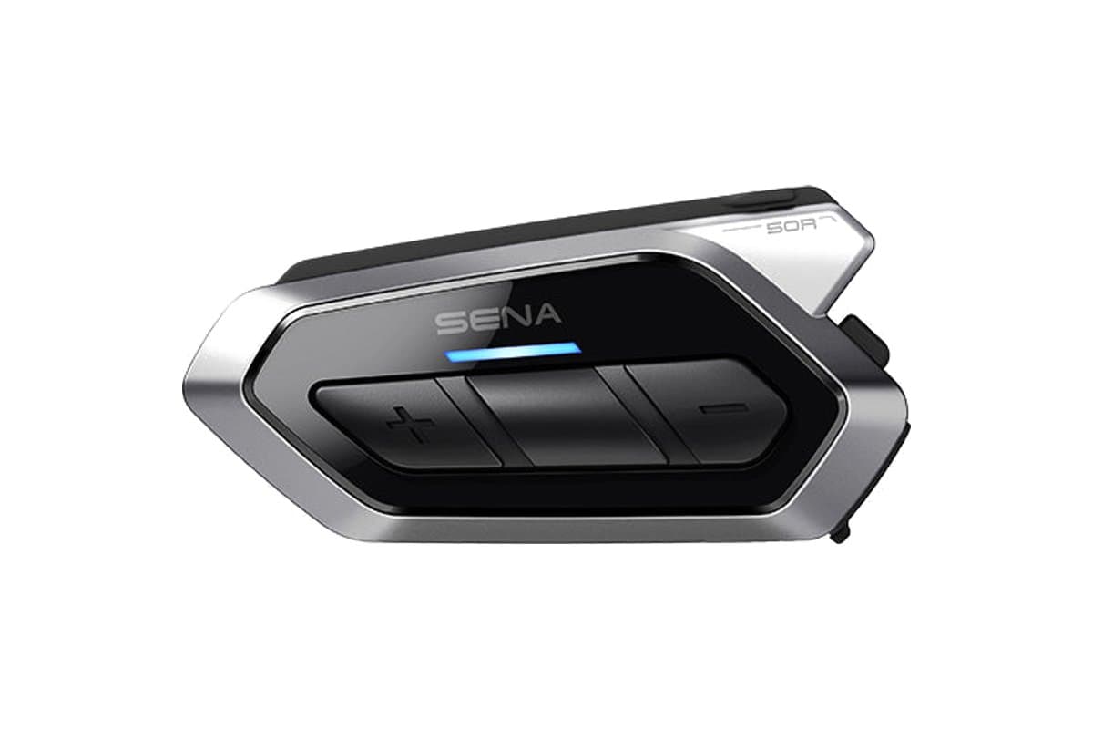 Sena 50R main unit, front view showing the three buttons