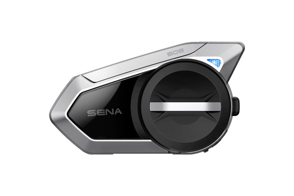 Sena 50S main unit, silver and black, front view with antenna folded