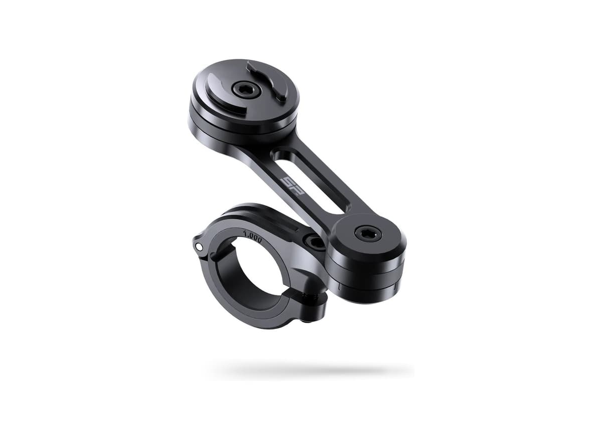 SP Connect Moto Mount Pro, black aluminium bar clamp with offset arm and round SP twist-lock head