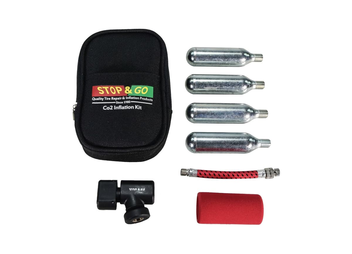 Stop & Go 1090A kit: zippered bag, four CO2 canisters, valve adapter, braided hose and red foam sleeve