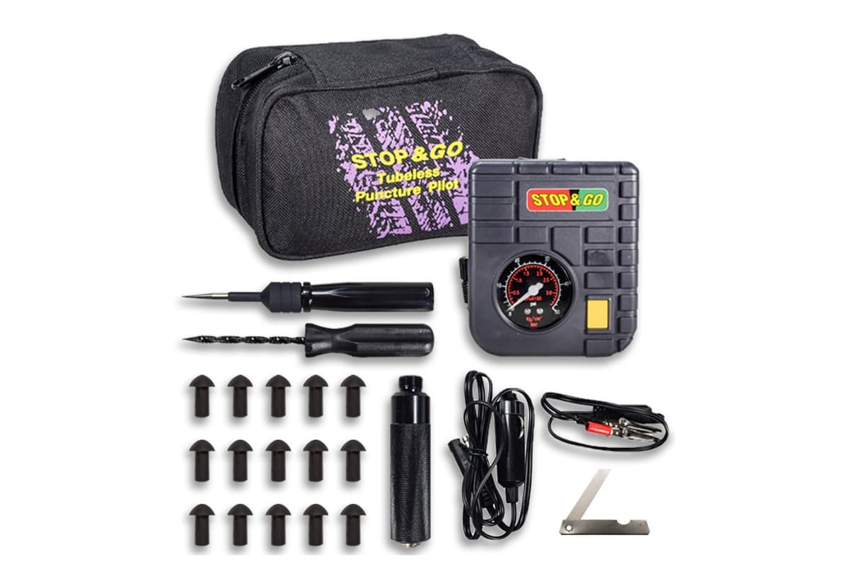 Stop & Go 6000 kit: canvas case, mini compressor with dial gauge, plug tools, 15 mushroom plugs and power leads