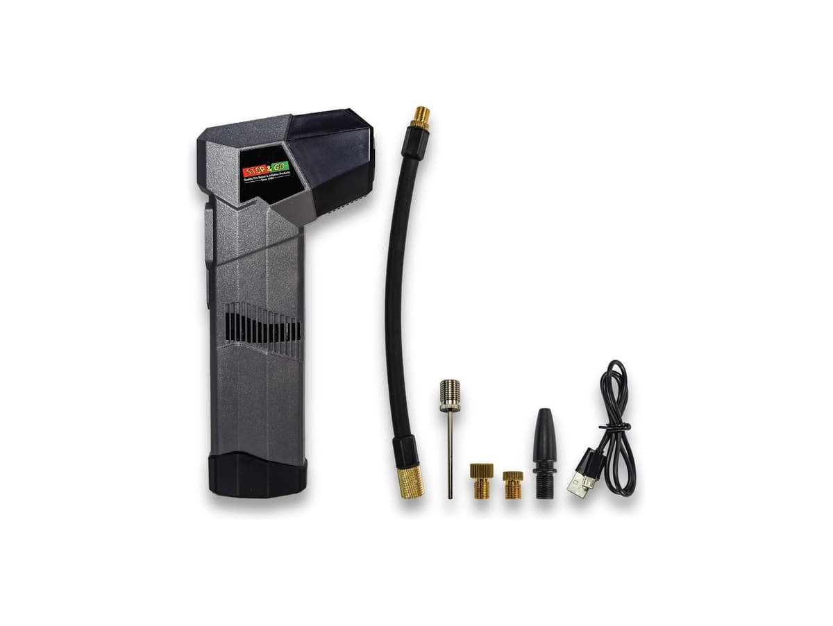 Stop & Go CL-RCP cordless inflator with hose, ball needle, valve adapters and USB cable
