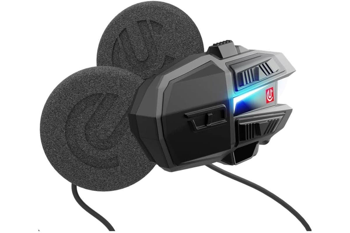 UClear Motion HDX-V control unit with its two foam-covered HDX speakers, on a white background