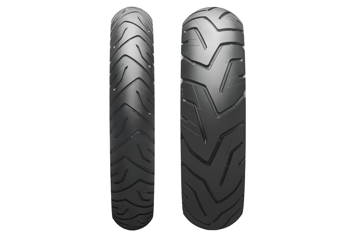Bridgestone Battlax Adventure A41: front and rear tire side by side, straight-on tread view, on white