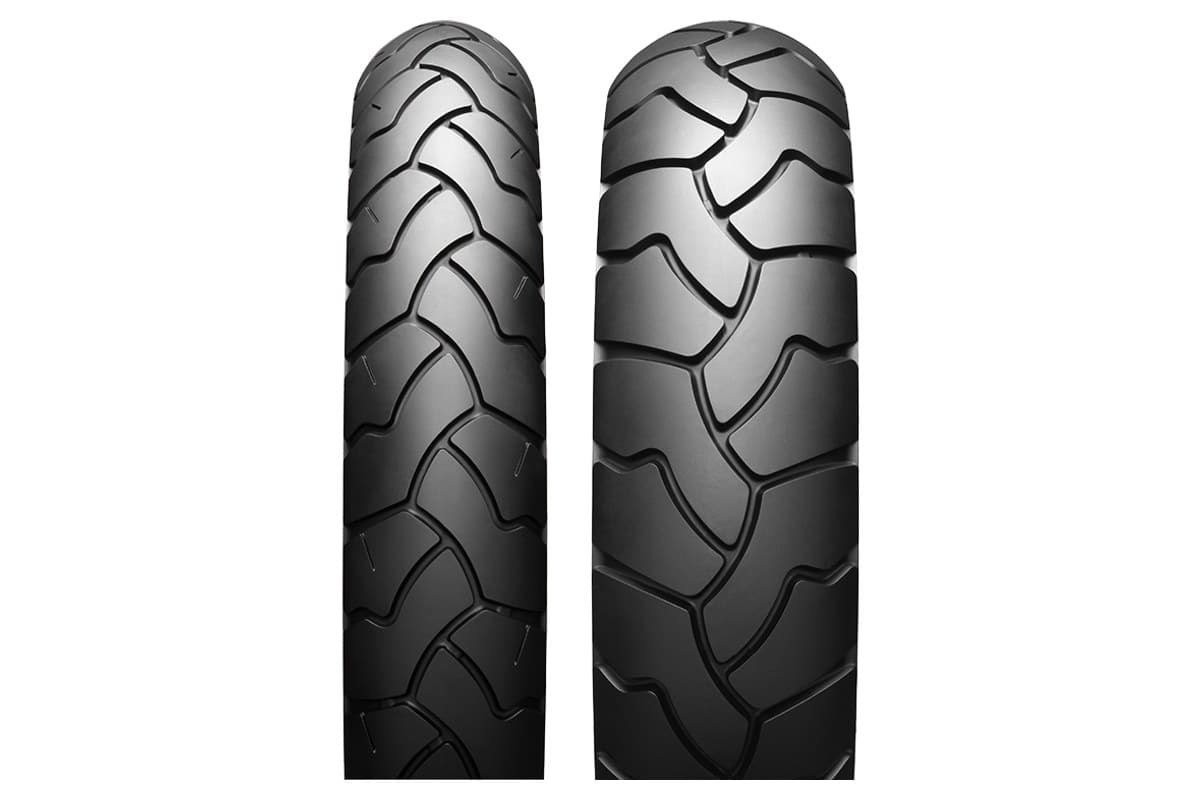 Bridgestone Battle Wing BW501 front and BW502 rear side by side, straight-on view of the road tread, on white