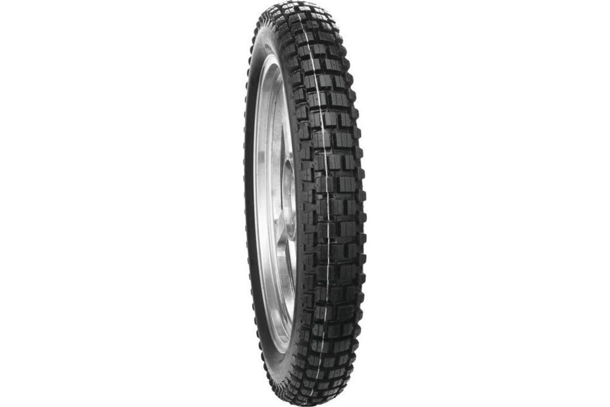 Duro HF307 Trail: tire mounted on a polished silver wheel, seen almost head-on on white, a narrow carcass with rows of small square blocks