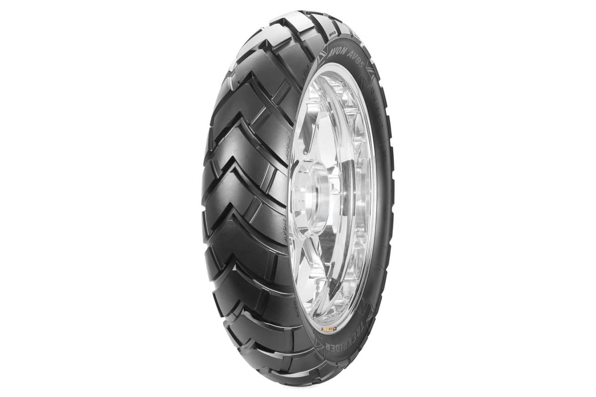 Avon TrekRider AV84/AV85: the rear tire alone on a polished wheel, a closer tread-face view on white with the chevron block pattern legible