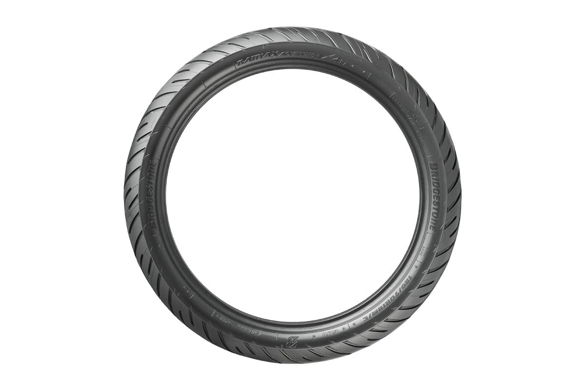 Bridgestone Battlax Adventure A41: the front tire as a full ring seen side on, with the model and brand readable on the sidewall